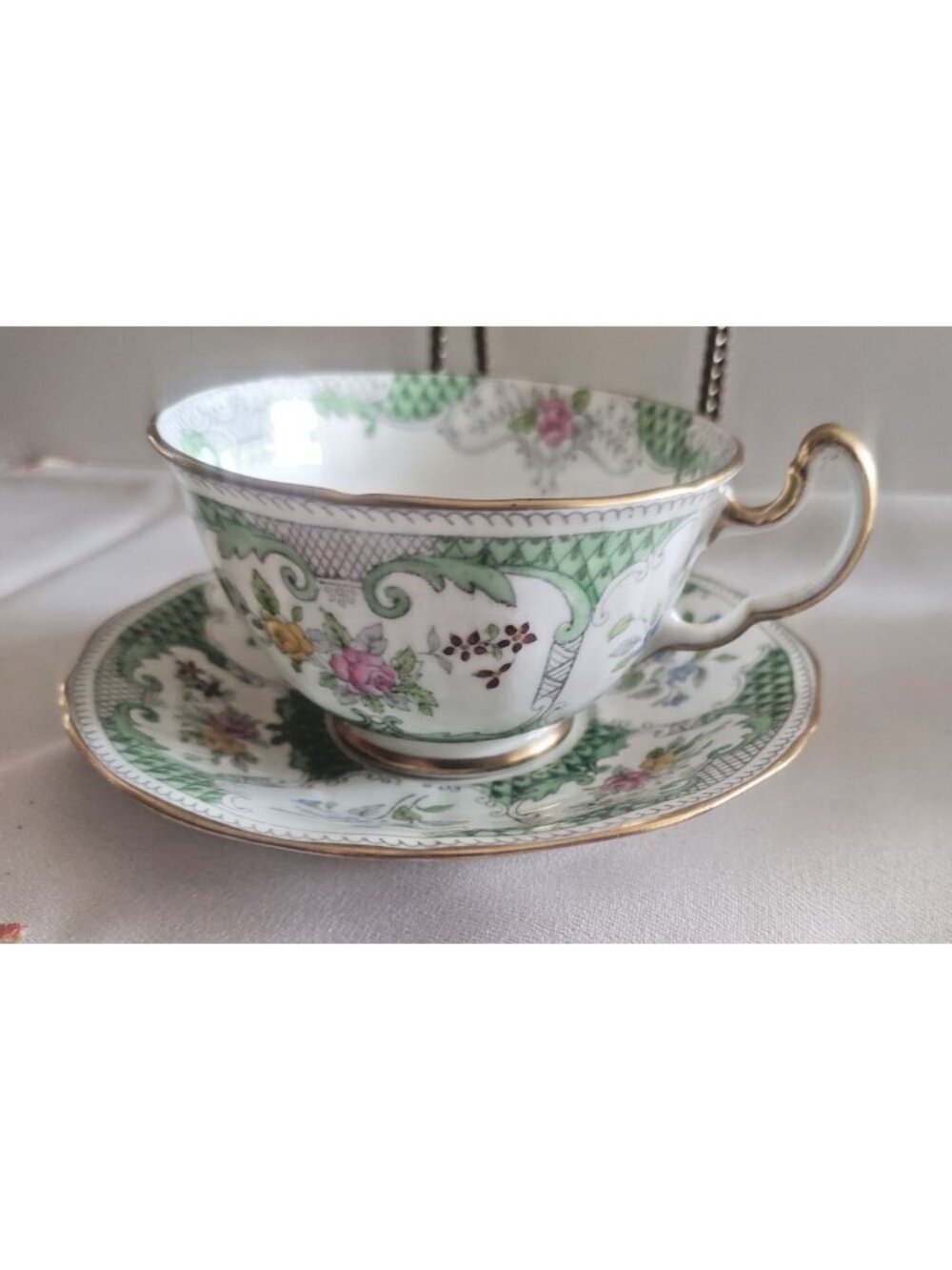 Vintage Adderley England Hand Painted  Lowestoft Green Pattern Tea Cup & Saucer